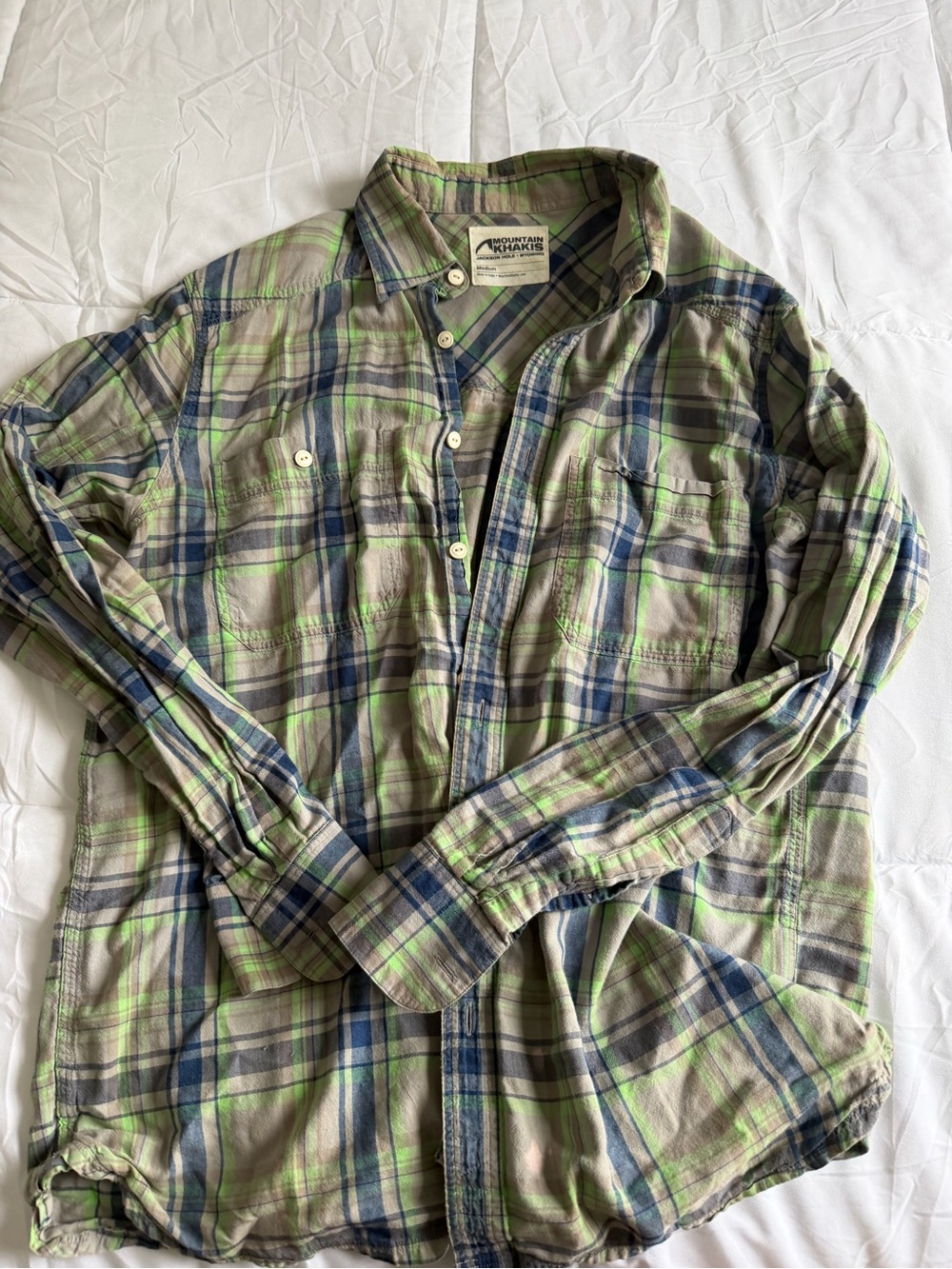 Mountain Khakis Jackson Hole Light Green and Blue Plaid Button-Down Shirt